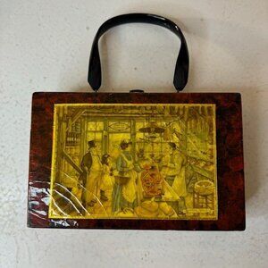 Vintage Wooden Handbag With Hinged Lid & Painted Scene
